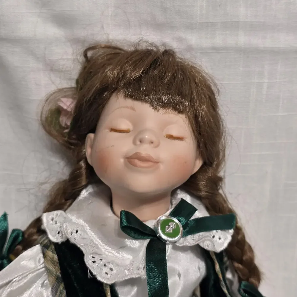 Vintage Collectible Porcelain Twin Dolls in Plaid and Blue Velvet Outfits